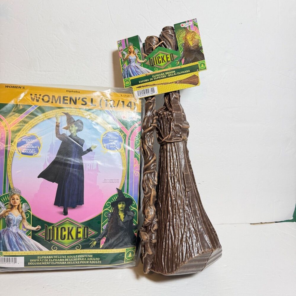 Wicked Elphaba Deluxe Costume Womens L 12/14 Dress Cape Hat Broom NEW